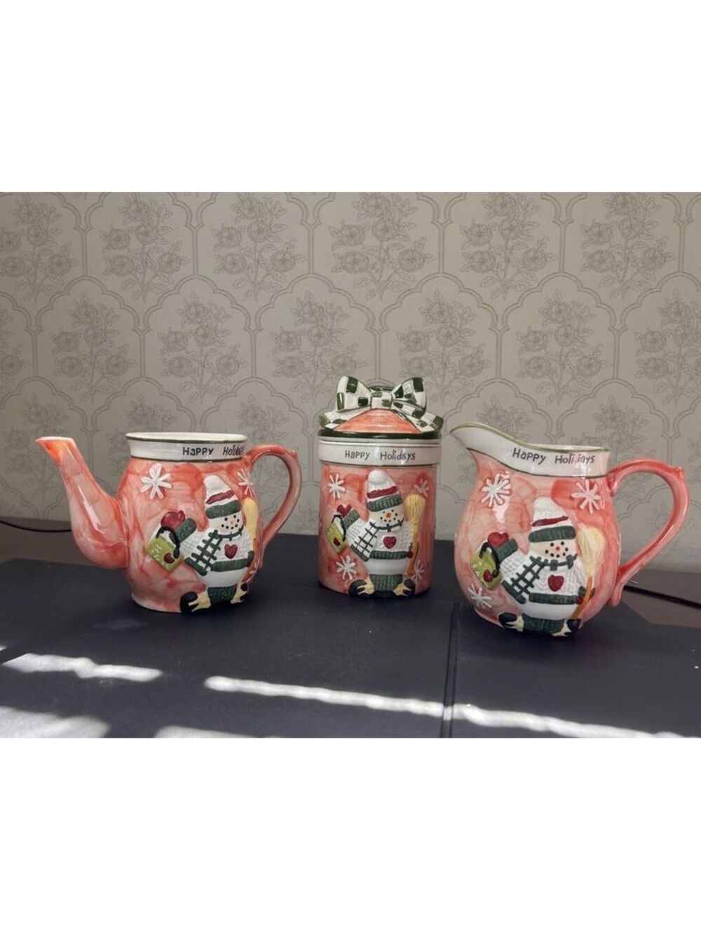 Home Essential Panware Ceramic Happy Holidays Snowman Set Teapot Pitcher Jar Set